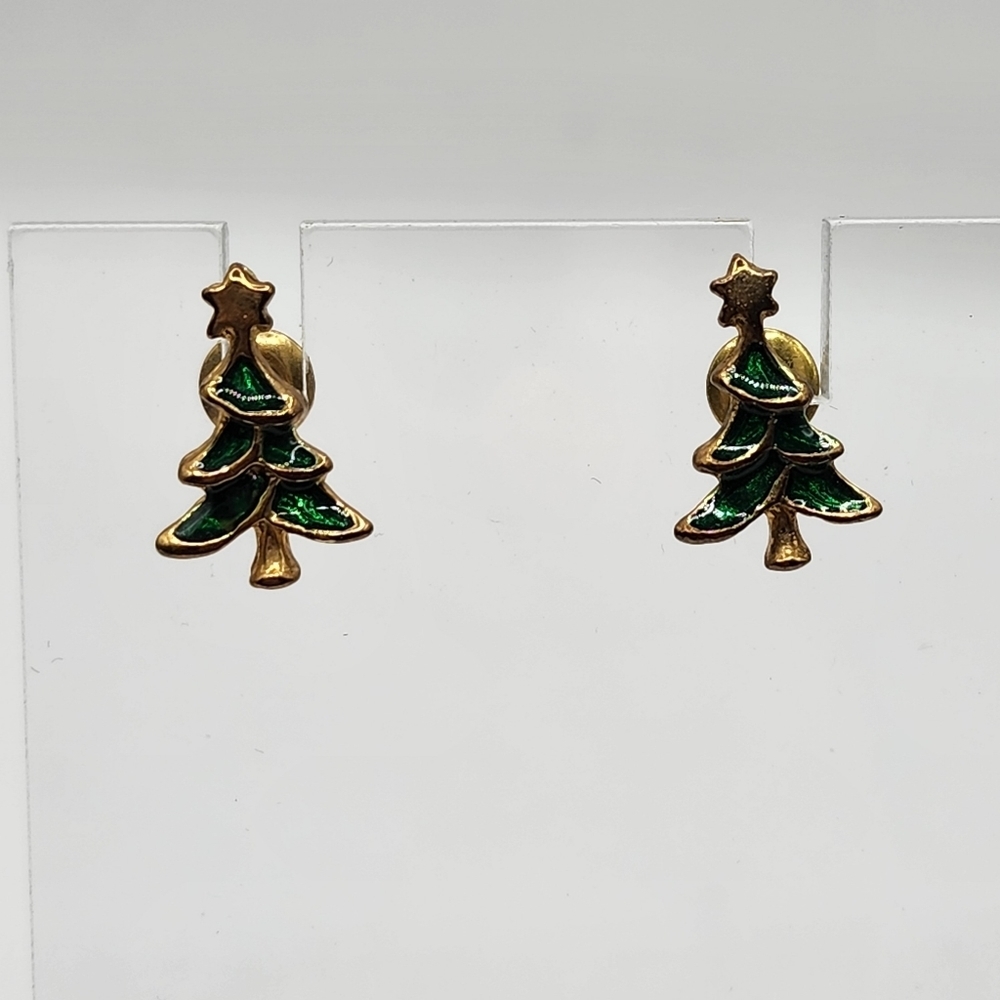 Christmas Tree Earrings Green & Gold Pierced - Picture 6 of 6